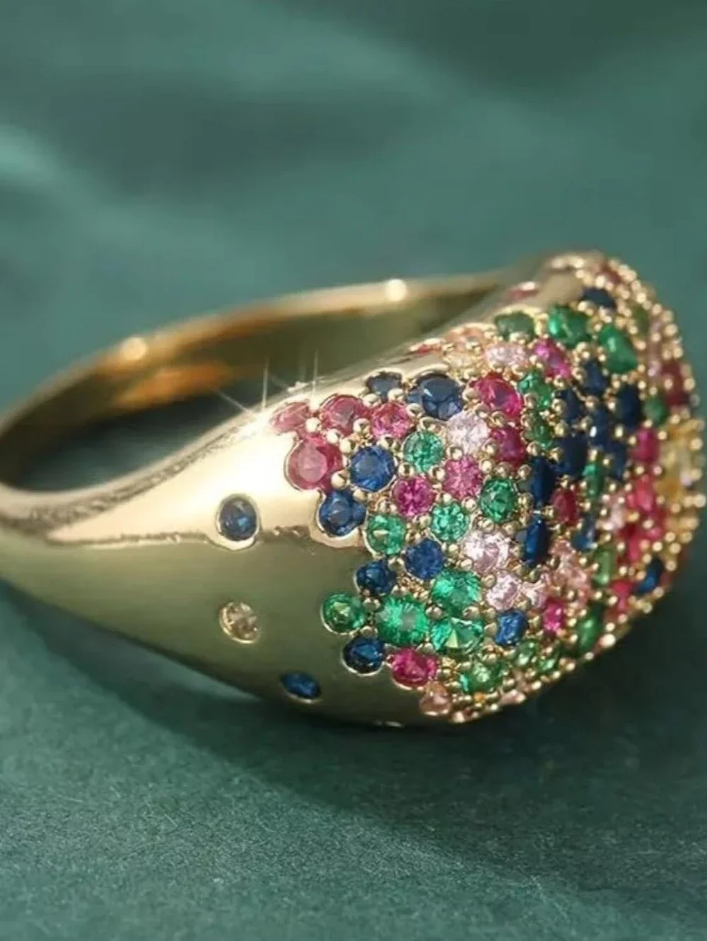 Vibrant 14K Gold Plated Rainbow Pavé Dome Cocktail Ring ✨